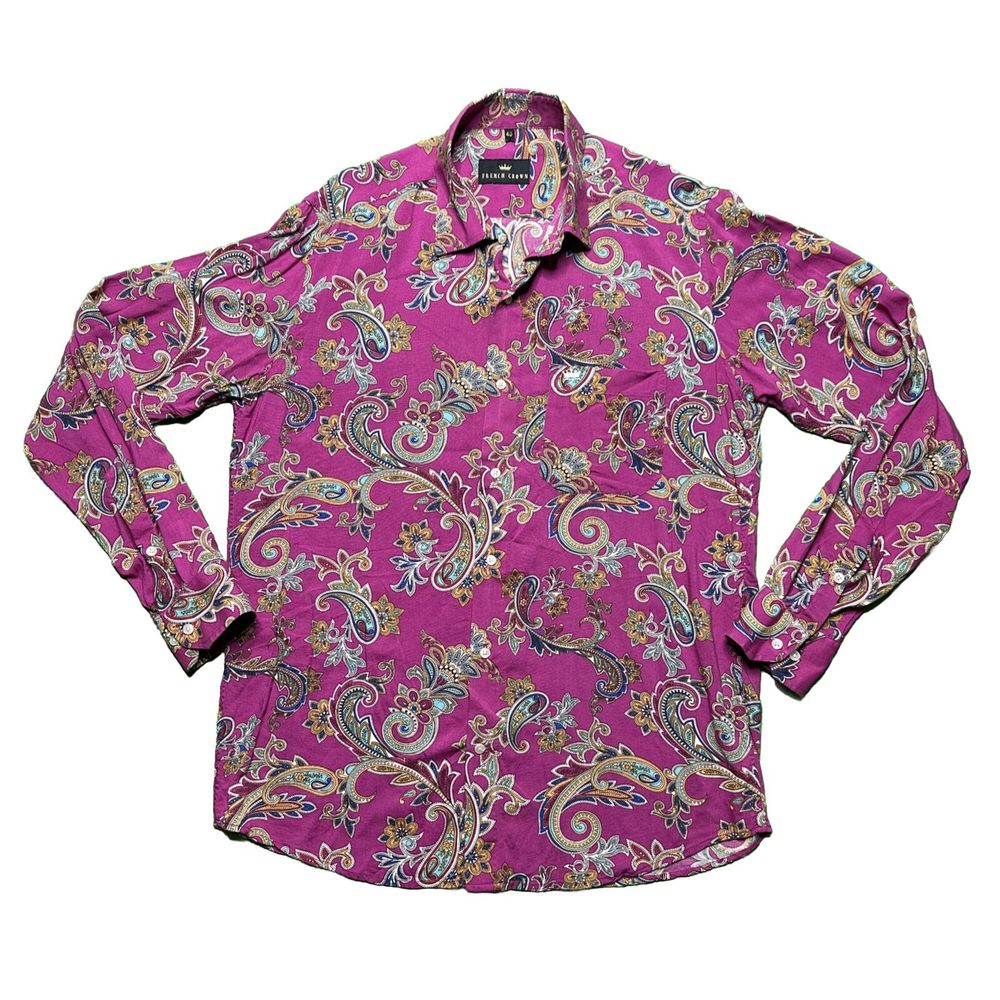 French Crown Paisley Button Down Shirt Size 40 Pink Long Sleeve Cufflinks